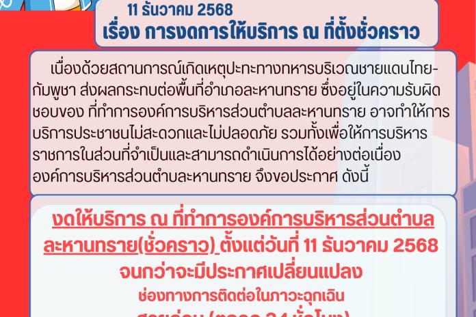 ประกาศงดการให้บริการ ณ ที่ตั้งชั่วคราว